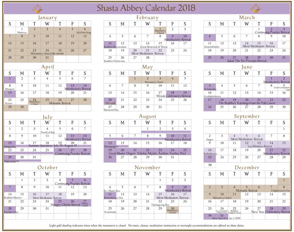 2018 calendar – Shasta Abbey Buddhist Monastery