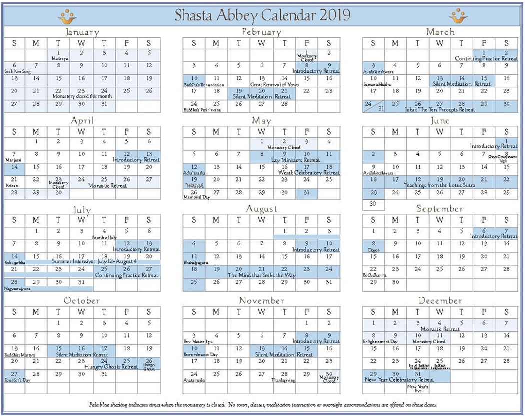 2019 Shasta Calendar_months:web – Shasta Abbey Buddhist Monastery